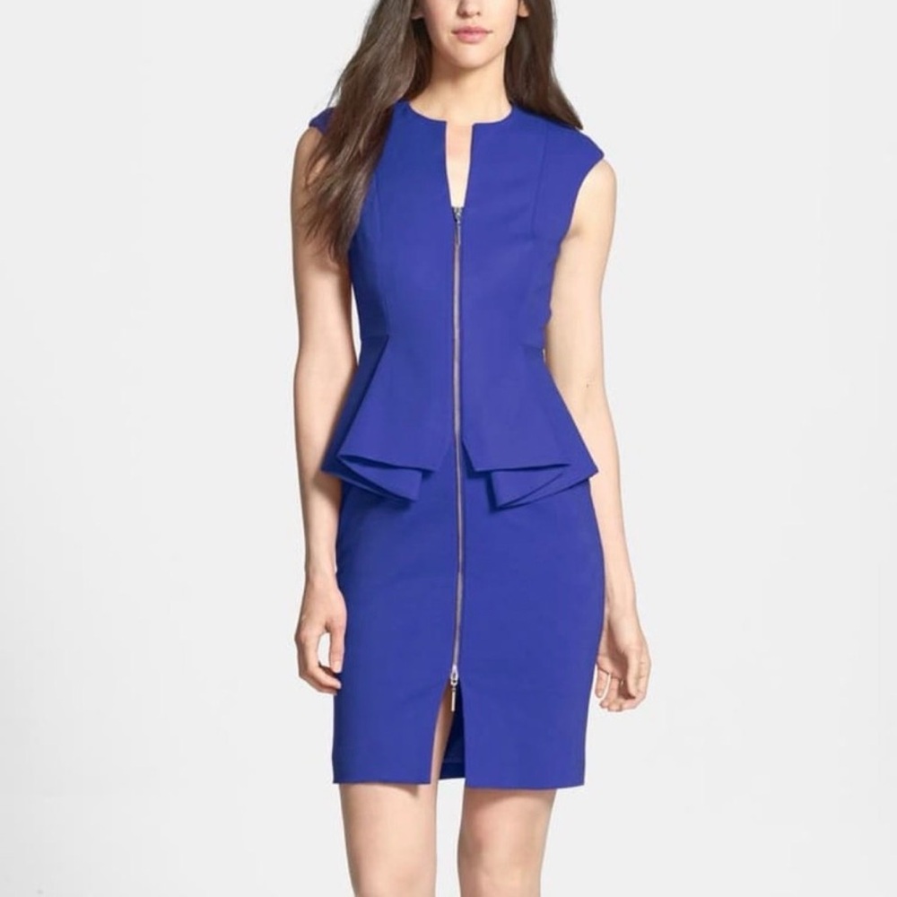 Ted Baker Jumana Zip Front Peplum Dress Blue Cap Sleeve Ted Sz 2 US Sz 6